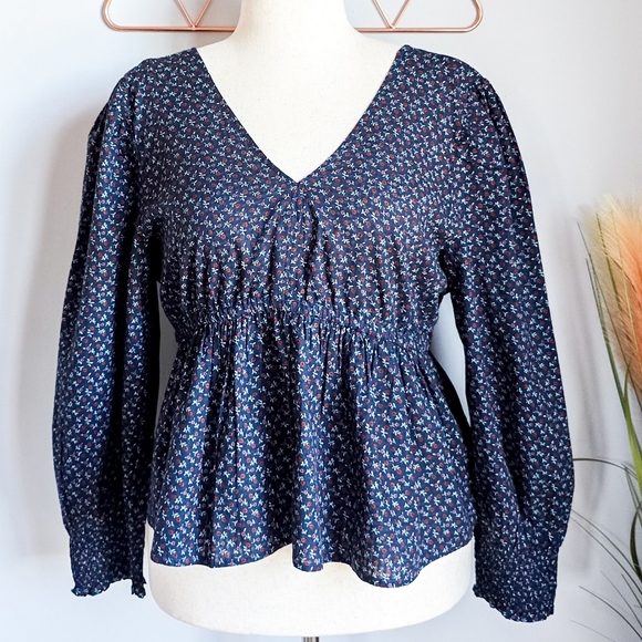 Madewell, New, Tie Back Navy Floral Peplum Campden Daisies Shirt, Size Large - Picture 2 of 15